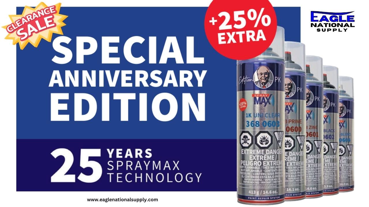 Clearance sale on Spraymax Aerosol cans including primer, black topcoat, and clearcoat