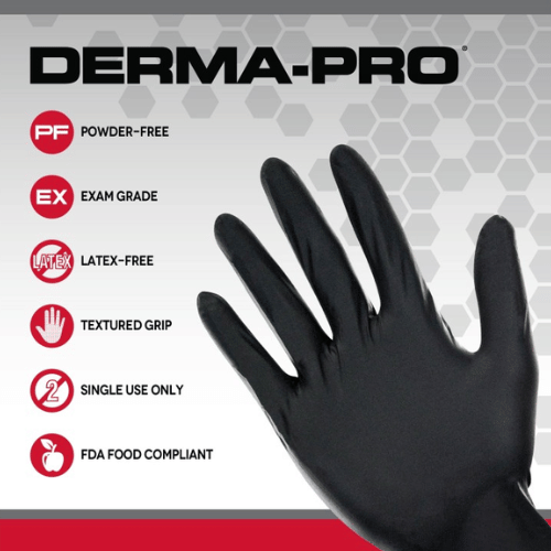 SAS Derma-Pro 66544 XL FDA Food Grade Black Nitrile Gloves, 100/Box