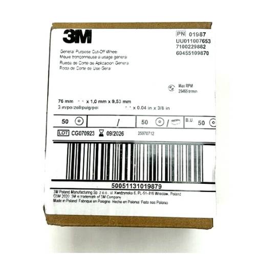 3M Green Corps 01987 3 in x 1/32 in Cut-Off Wheel, Box of 50