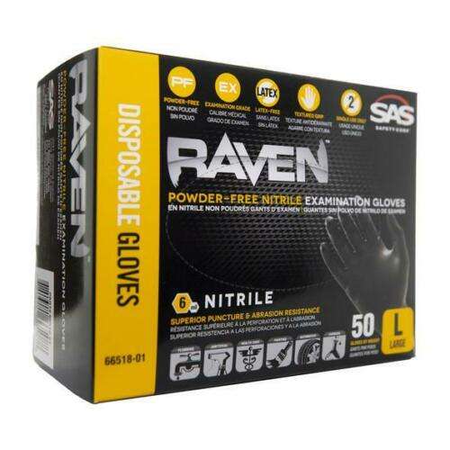 SAS® Raven® 66518-01 Extra Strength Disposable Gloves, Large, Nitrile, Black, Box of 50 ---Eagle National Supply