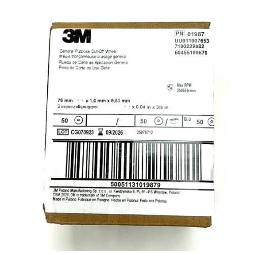 3M Green Corps 01987 3 in x 1/32 in Cut-Off Wheel, Box of 50 -1987---Eagle National Supply