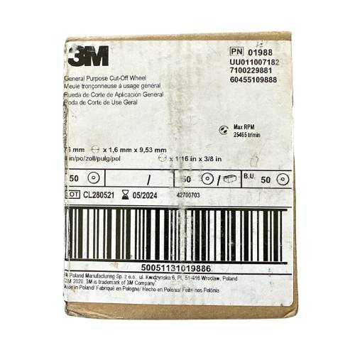 3M Green Corps 01988 3 in x 1/16 in Cut-Off Wheel, Box of 50 -1988---Eagle National Supply